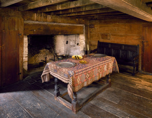 View of the kitchen with the fireplace and table, Browne House, Watertown, Mass.