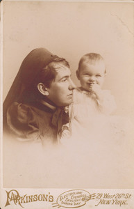 Head-and-shoulders studio portrait of Mary Bowen Holt, right profile, holding infant Sylvia Holt, Parkinson's, 29 West 26th Street, New York, New York