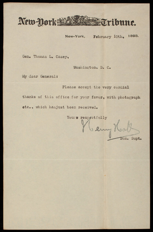 Henry Hall to Thomas Lincoln Casey, February 10, 1893