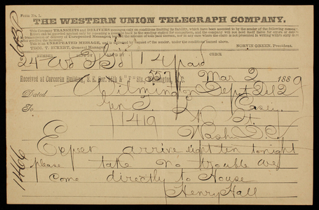 Henry Hall to Thomas Lincoln Casey, March 2, 1889, telegram