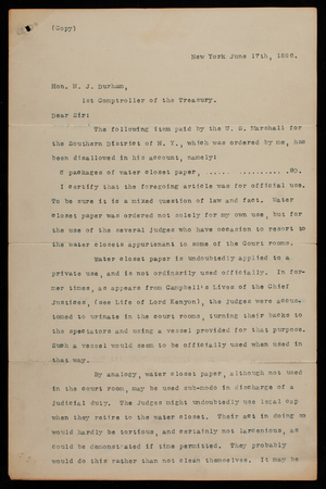 William J. Wallace to Hon N. J. Durham, June 17, 1886