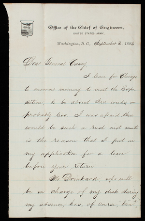 William J. Warren to Thomas Lincoln Casey, September 3, 1893