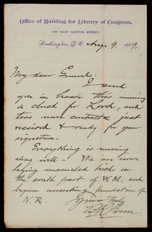 [Bernard] R. Green to Thomas Lincoln Casey, August 9, 1889