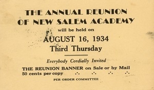 Invitation for Marshall Brown for the sixty-first annual New Salem Academy reunion