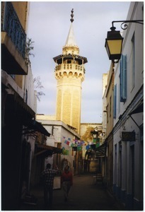 Street view of the minaret of mosque Hammouda Pacha in Medina, Tunis