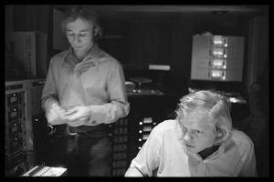Stephen Stills (left) with sound engineer Bill Halverson at the mixing board in Wally Heider Studio 3 during production of the first Crosby, Stills, and Nash album