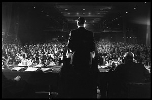 View from the back of the stage of Arthur M. Schlesinger, Jr., speaking at the National Teach-in on the Vietnam War