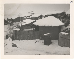 Snow-covered houses and sheds