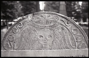 Gravestone of Mary Bridge (1735), Granary Burying Ground: close-up of head of winged skull