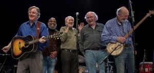 John Sebastian, Josh White, Jr., Peter Yarrow, Tom Paxton, and Pete Seeger performing at the George Wein tribute, Symphony Space, New York City
