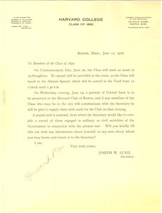 Circular Letter from Harvard College class of 1890