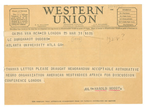 Telegram from League of Coloured Peoples to W. E. B. Du Bois