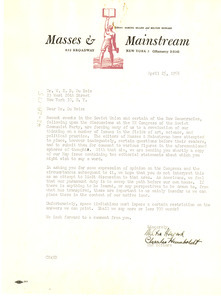 Letter from Masses and Mainstream to W. E. B. Du Bois