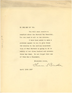 Circular letter from Harvard University, Class of 1890 to W. E. B. Du Bois