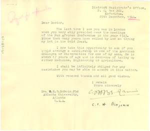Letter from C. F. H. Benjamin to W. E. B. Du Bois
