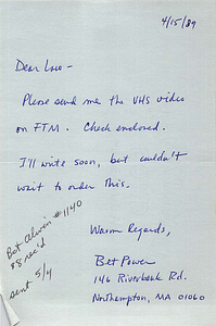Note from Bet Power to Lou Sullivan (April 15, 1989)