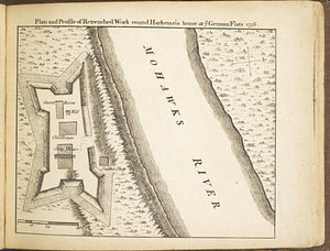 Plan and profile of retrenched work round Harkemeis house at ye German Flats 1756