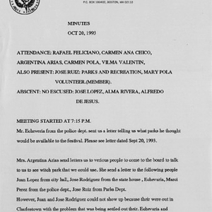 Minutes from Festival Puertorriqueño de Massachusetts, Inc. meeting on October 20, 1993