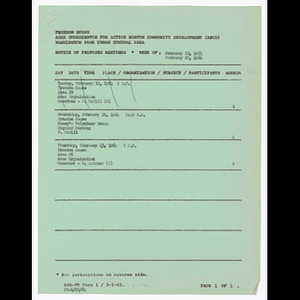 Agenda, summary and comments, minutes and attendance list for area #2, women's volunteer group, area #6 and area #13 meetings in February 1964