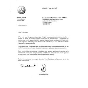 Letter from French National Assembly Member Michel Destot to the United States Ambassador to France, Charles Rivkin