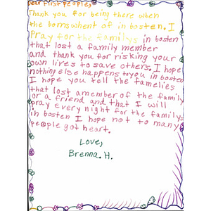 Letter of thanks and prayers sent to first responders by a child in California