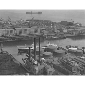 South Boston, Boston Edison, left, Walworth Company, right, dock area, oil tanks, ships area, Boston, MA