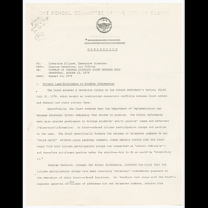 Memorandum from Charles Hambelton to Catherine Ellison about federal district court hearing held August 23, 1978