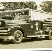 Fire engine in front of Koski's Auto-Body Shop