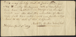 Marriage Intention of John Wood and Diantha Waterman, 1819