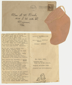Sock social invitation from Hialeah Chapter, No. 153, to Mrs. A. W. Neeb, 1939 May 5