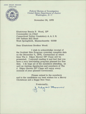 Letter from J. Edgar Hoover to Bemis Wood, 1970 November 24