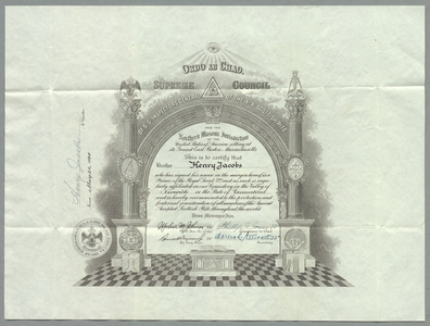 32° traveling certificate issued to Henry Jacobs, 1944 May 20