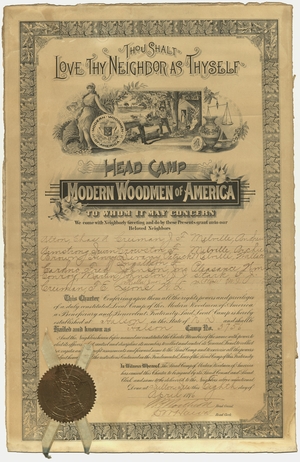 Charter issued by the Head Camp of the Modern Woodmen of America to Hallson Camp, No. 3756, 1896 April 8