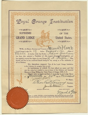 Membership certificate issued by Mount Horeb Loyal Orange Lodge, No. 19, to Adam Graham, 1911 March 20