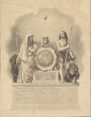 Blank membership certificate for the Loyal Order of Druids, about 1870