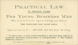 Business card of Gleason L. Archer (President, 1937-1948, and Founder of Suffolk University)