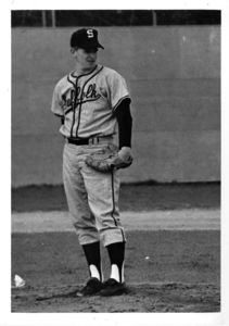 Suffolk University men's baseball player Ron Corbett on the pitchers mound before a game, 1968