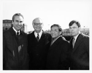 Tour of the Ted Williams Tunnel in Boston, Mass: (left to right) Fred Salvucci; John Joseph Moakley; Representative Norman Mineta (D-CA); unidentified man