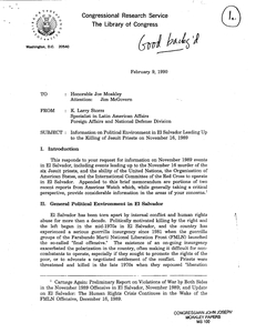 Draft of memorandum to John Joseph Moakley from K. Larry Storrs, Specialist in Latin American Affairs, Foreign Affairs and National Defense Division, describing the November 1989 events leading up to the Jesuit murders in El Salvador, 9 February 1991
