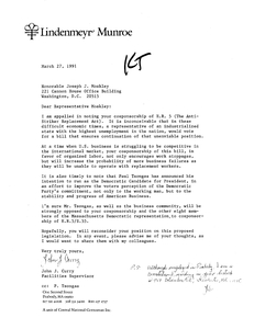 Constituent letter to John Joseph Moakley from the Lindenmeyr-Monroe Company regarding H.R. 5 The anti-striker replacement act