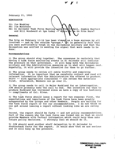 Memorandum to John Joseph Moakley from James P. McGovern regarding the Speaker's Task Force on El Salvador meeting with Mike O'Neil, Sophie Hayford, and Bill Woodward in which recommendations for the Task Force's future are discussed, 2/21/1990