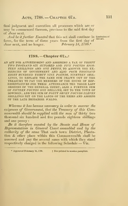 1788 Chap. 0067A An Act For Apportioning And Assessing A Tax Of Thirty Two Thousand Six Hundred And Five Pounds Eighteen Shillings And One Penny, To Answer The Exigencies Of Government And Also Four Thousand Eight Hundred Thirty Nine Pounds, Nineteen Shillings, To Replace The Same Sum Drawn Out Of The Treasury To Pay The Members Of The House Of Representatives For Their Attendance The Three Last Sessions Of The General Court; Also A Further Sum Of Fifteen Pounds One Shilling, Set To The Town Of Bowdoin; And The Sum Of Forty Seven Pounds Eleven Shillings Set On The Lands Of The Heirs And Assigns Of The Late Brigadier Waldo.