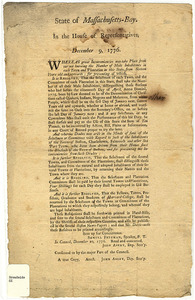State of Massachusetts-Bay : In the House of Representatives, December 9th, 1776. Whereas great Inconveniences may take Place from our not knowing the Number of Male Inhabitants in each Town and Plantation...