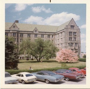 Saint Mary's Hall exterior: back and lawn with parked cars