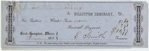 Edward Hitchcock receipt of payment to Williston Seminary, 1851 December