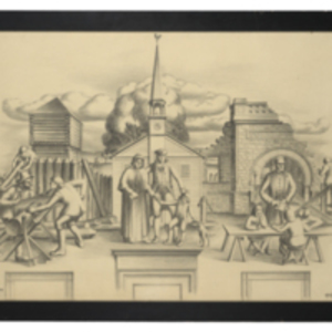 Original Sketch of Post Office Mural entitled, "Work, Religion, and Education"