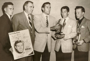 Johnny Holland presents poster of Jimmy Piersall for the Waltham Pony League Banquet