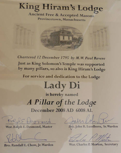 Masonic Pillar of the Lodge award to Lady Di