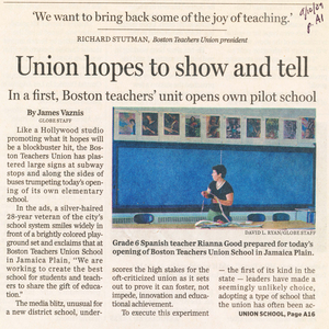 'Boston Globe' article about the opening of the Boston Teachers Union School