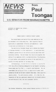 Tsongas reacts to death of Soviet leader